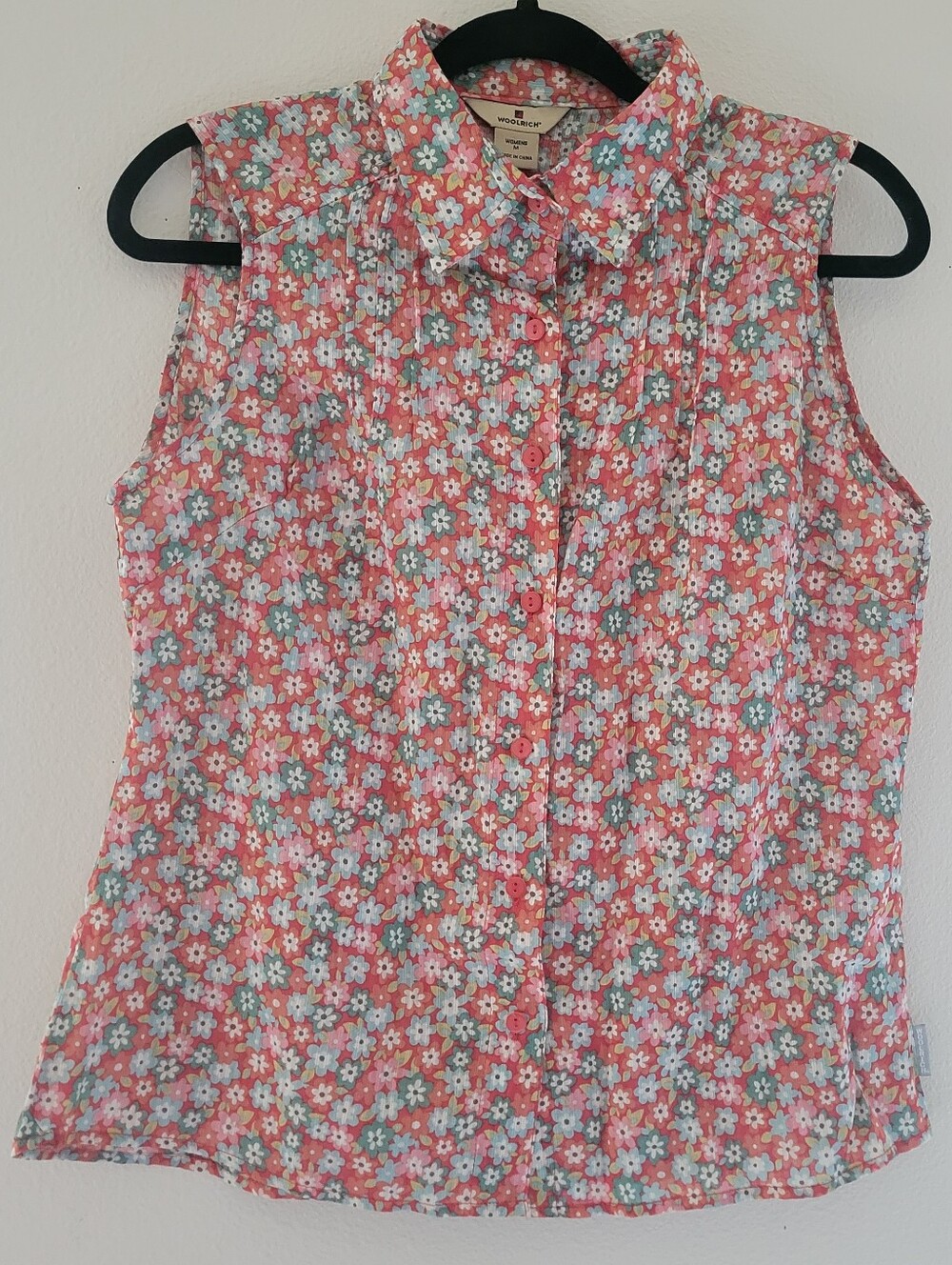 Woolrich Medium M Cotton Rhubarb Floral Sleeveless Button Up Top Semi-Sheer Pink